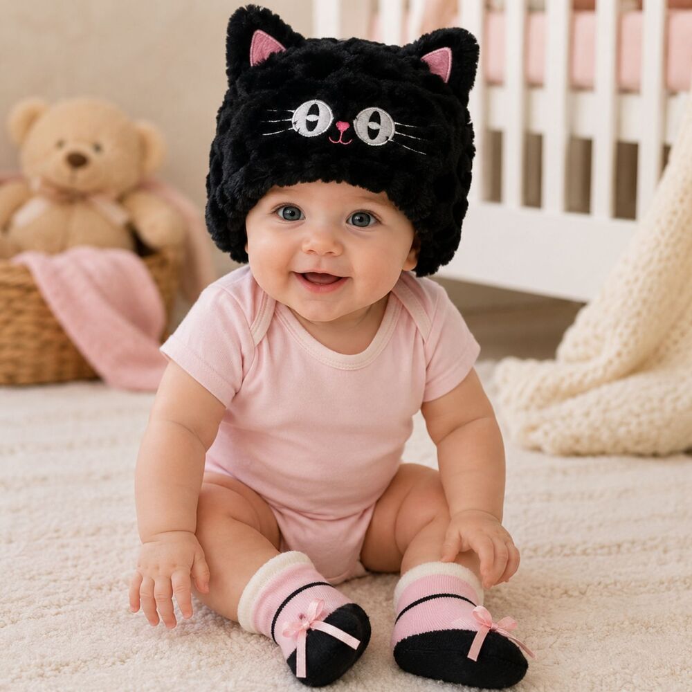 Little Me Baby Black Cat Hat Booties Set 0-6M Pink Kawaii Baby Shower Gift NWT